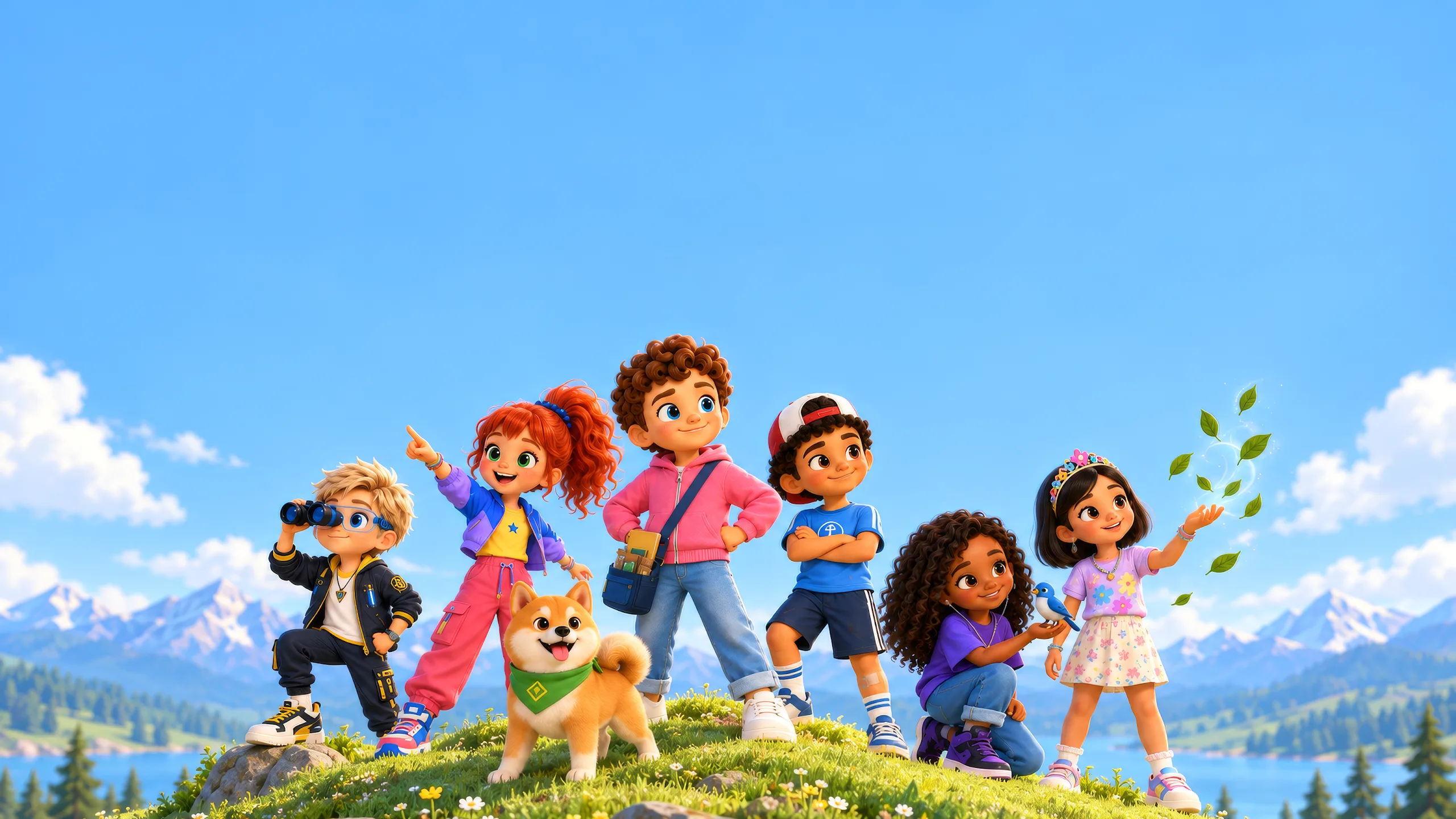 Six young friends and their dog on a sunny hilltop in Mundopia