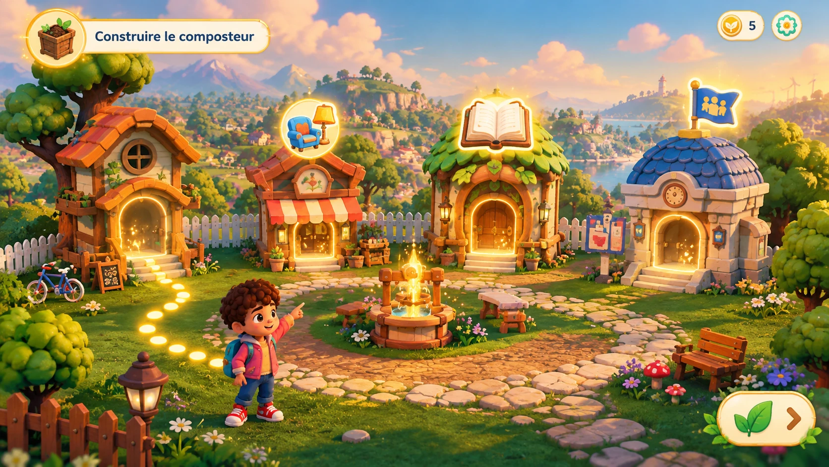 The Mundopia village at sunset: a child points toward the houses, the shop, the Story Hut and the town hall around a glowing fountain