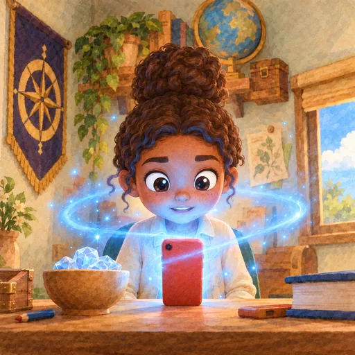 A girl surrounded by a glowing ring of light at a table